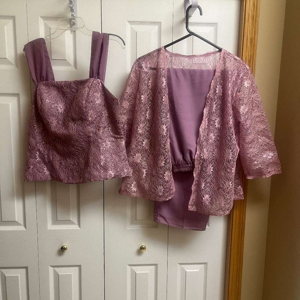 Mauve Dressy 3 piece plus size 14 pant suit chiffon and lace Lian Chen dress